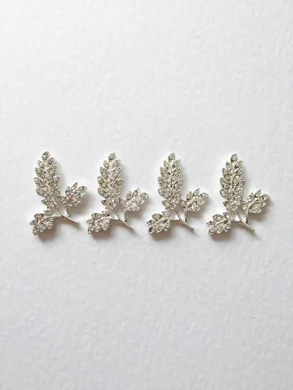 2 x Diamanté Leaf Charms, Brigh Silver Rhinestone Crystal Leaf Embellishment, 28x25mm (D8)