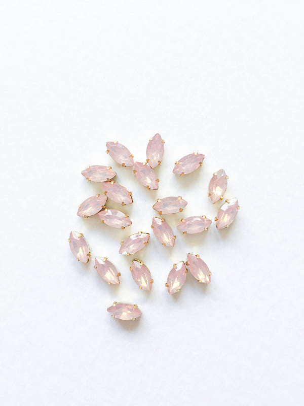 24 x 5x10mm Marquise Cut Pink Opal Rhinestones in Gold Tone Sew-on Setting (0761)