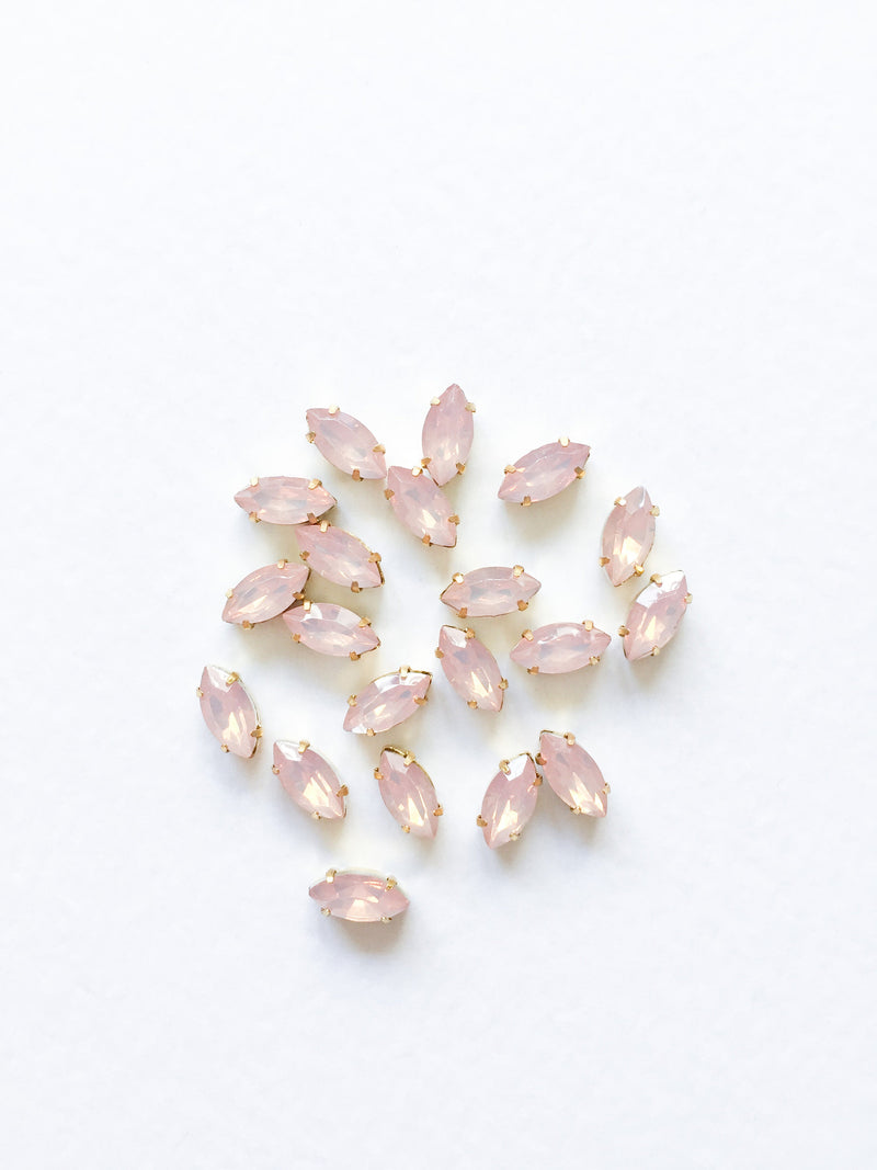 24 x 5x10mm Marquise Cut Pink Opal Rhinestones in Gold Tone Sew-on Setting (0761)