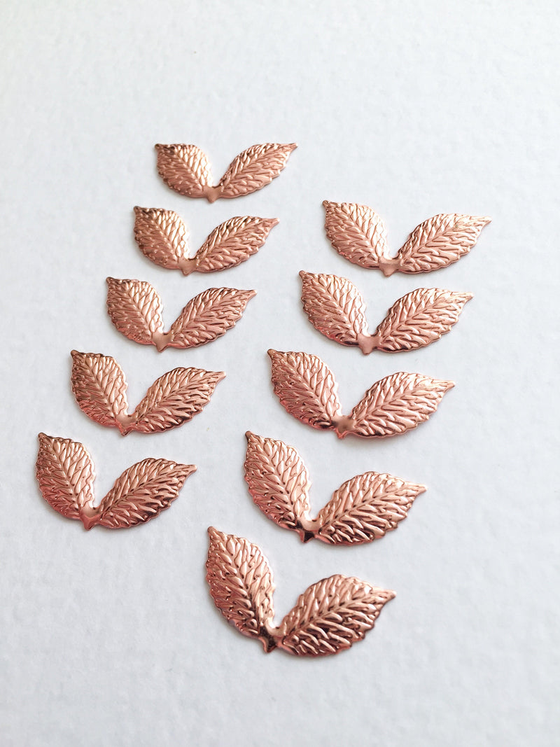 10 x Rose Gold Double Leaf Branch Embellishments, 28x9mm (3521)