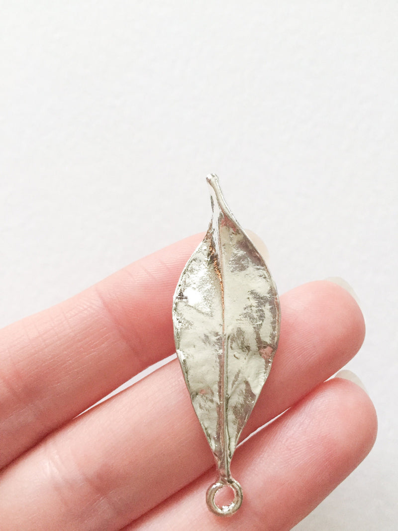 4 x Large Silver Plated Metal Leaf Charms, 50x15mm