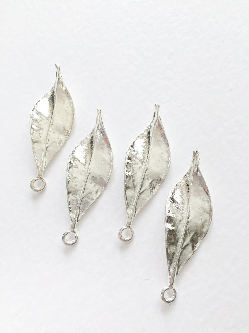 4 x Large Silver Plated Metal Leaf Charms, 50x15mm