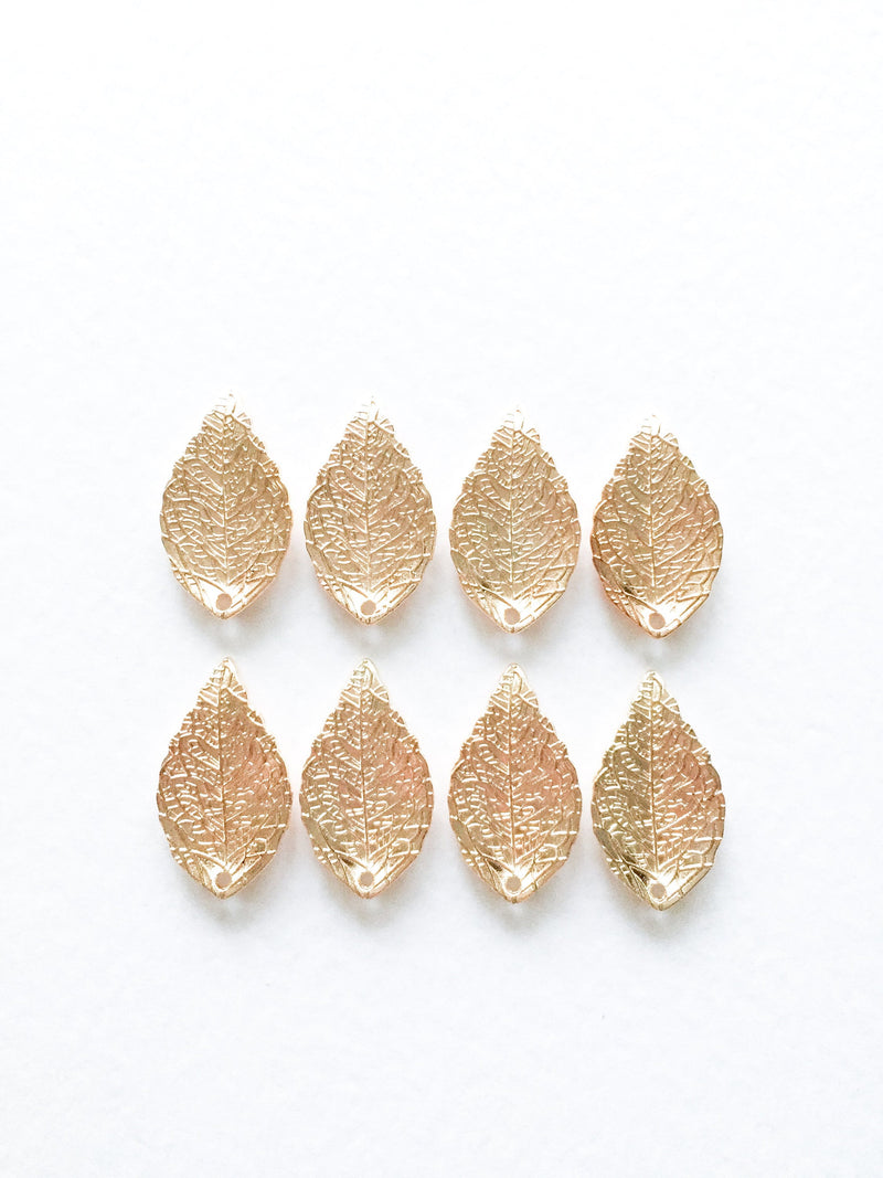 8 x Champagne Gold Tone Textured Leaf Pendants, 20x14mm