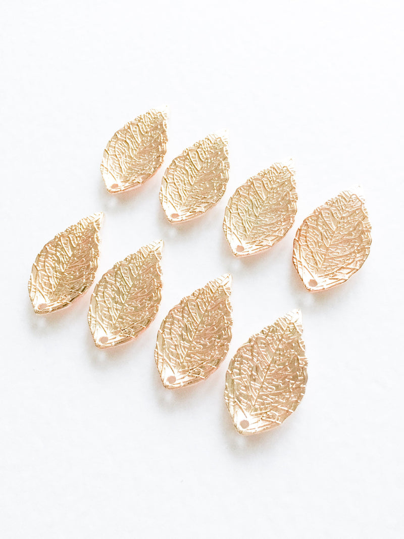 8 x Champagne Gold Tone Textured Leaf Pendants, 20x14mm