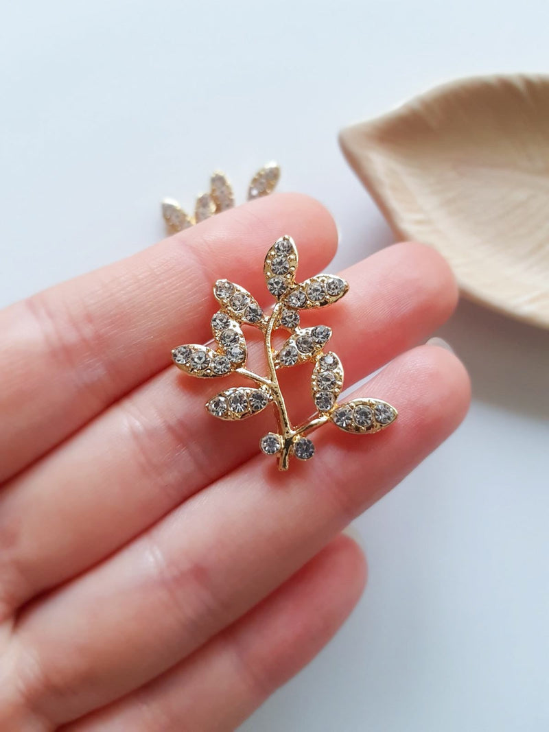 2 x Gold Leaf Branches with Diamante Rhinestone, 33x30mm (C5)