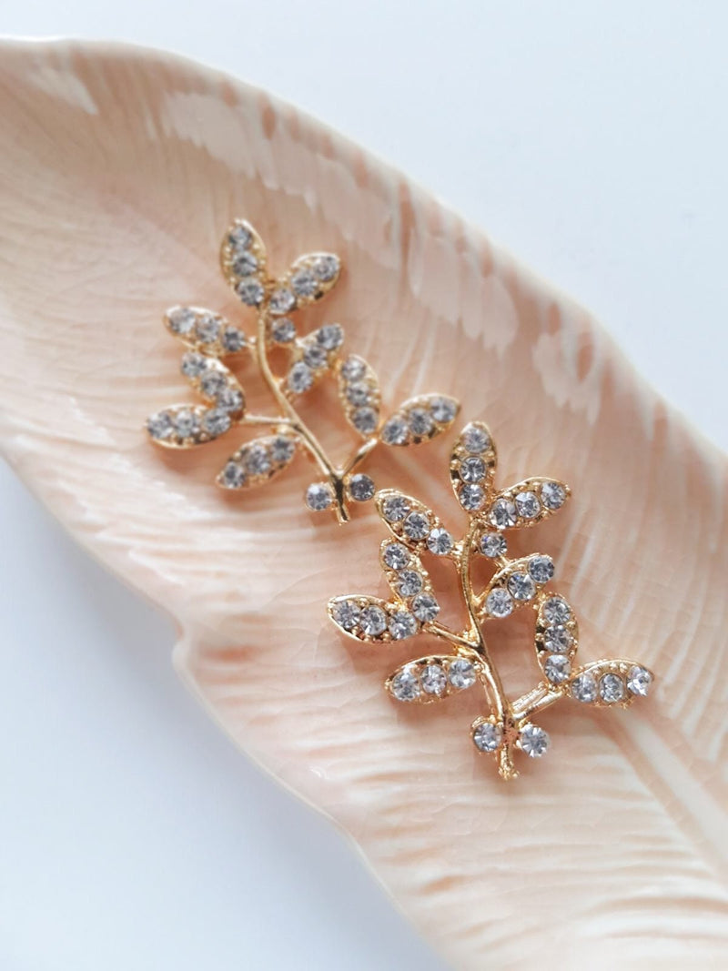 2 x Gold Leaf Branches with Diamante Rhinestone, 33x30mm (C5)