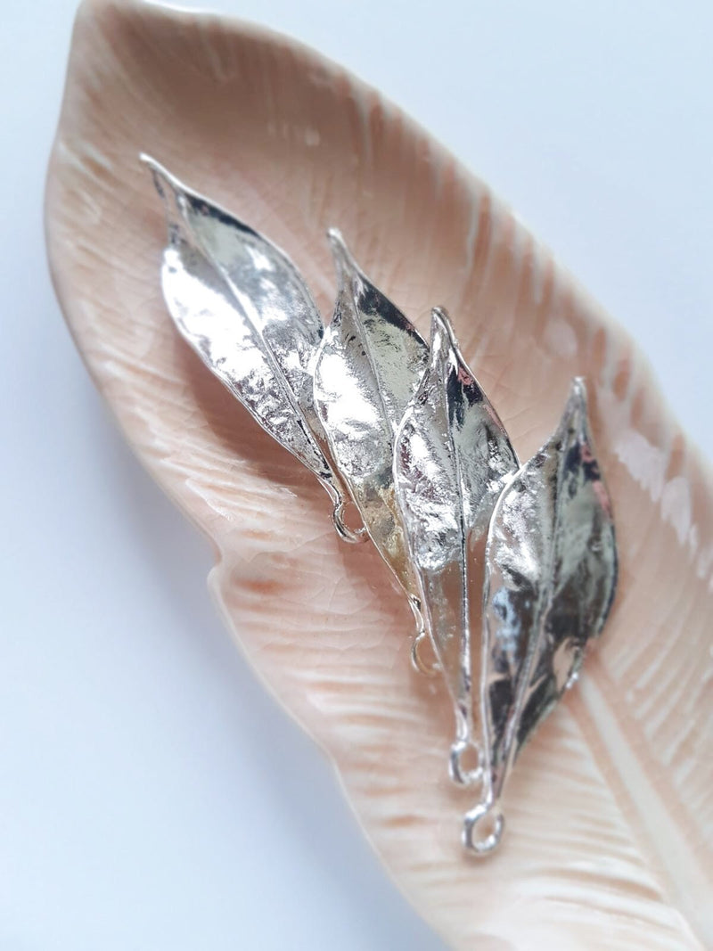 4 x Large Silver Plated Metal Leaf Charms, 50x15mm