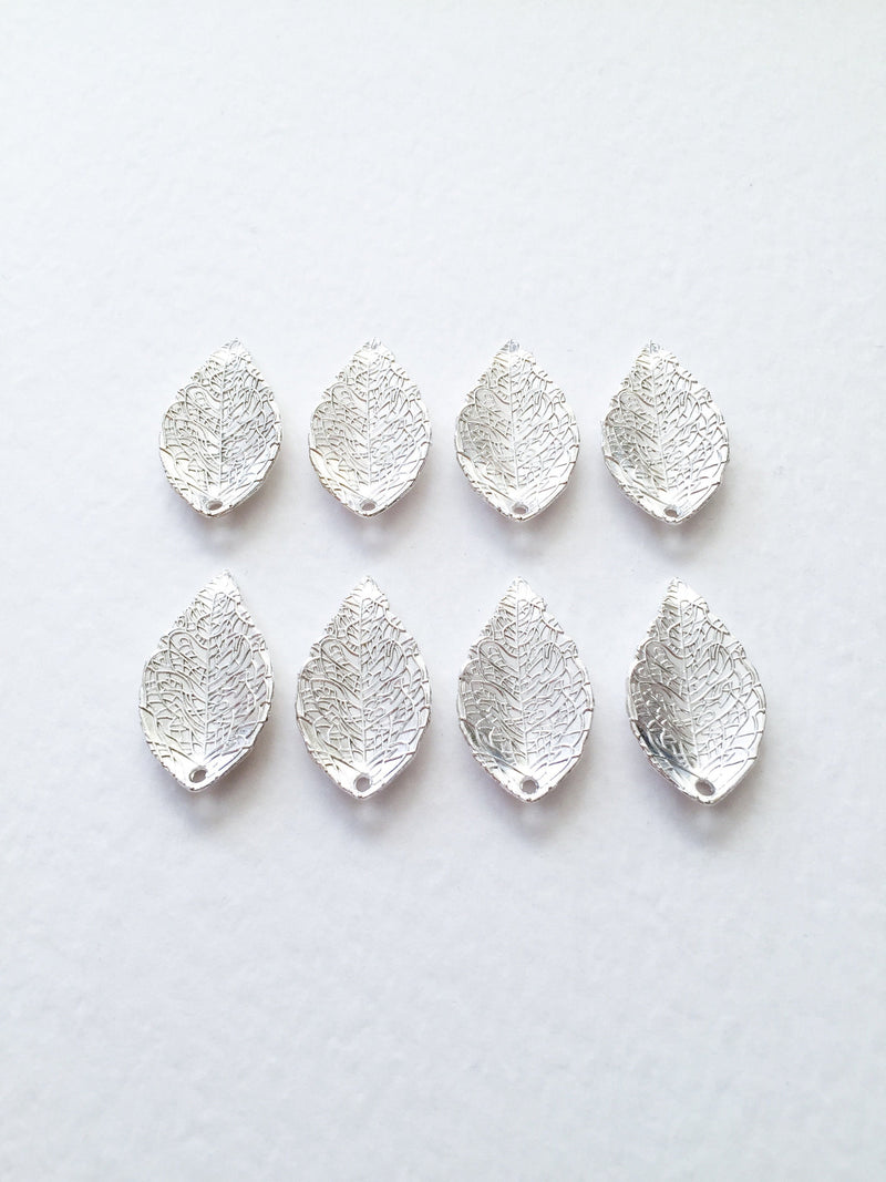 8 x Bright Silver Plated Textured Leaf Charms, 25x13mm (0697)