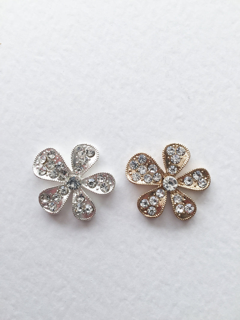 2 x Silver Diamanté Flower Embellishment Rhinestone Cabochons, 24mm (D1)