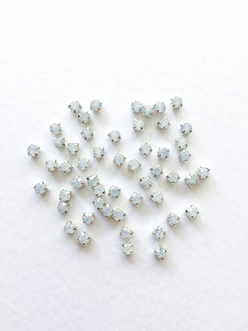 4mm/5mm/6mm White Opal Sew On Rhinestones in Silver Setting (0973)