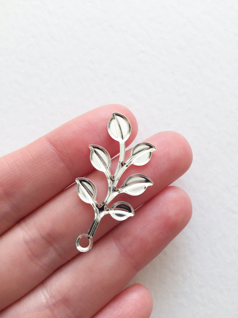 10 x Silver Plated Laurel Leaf Branch Charms, 37x18mm