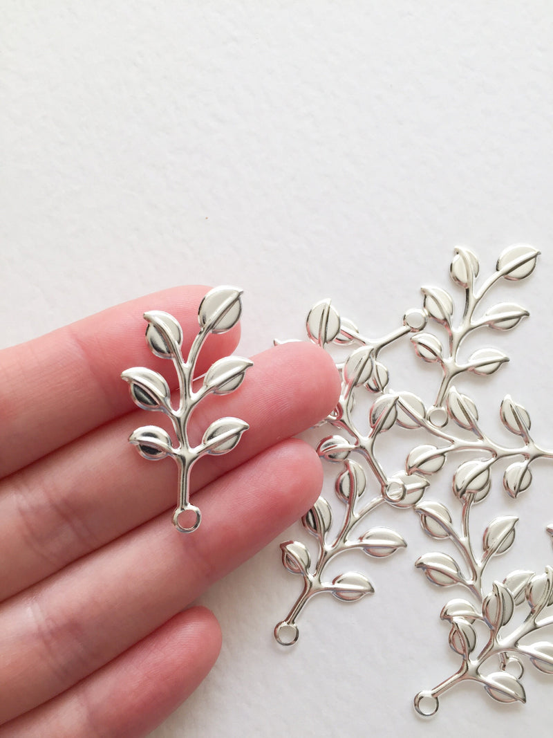 10 x Silver Plated Laurel Leaf Branch Charms, 37x18mm