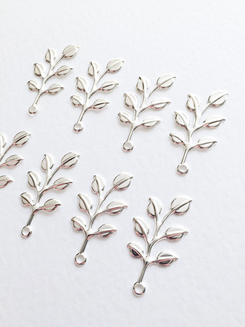 10 x Silver Plated Laurel Leaf Branch Charms, 37x18mm