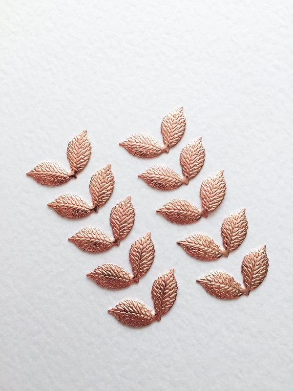 10 x Rose Gold Double Leaf Branch Embellishments, 28x9mm (3521)