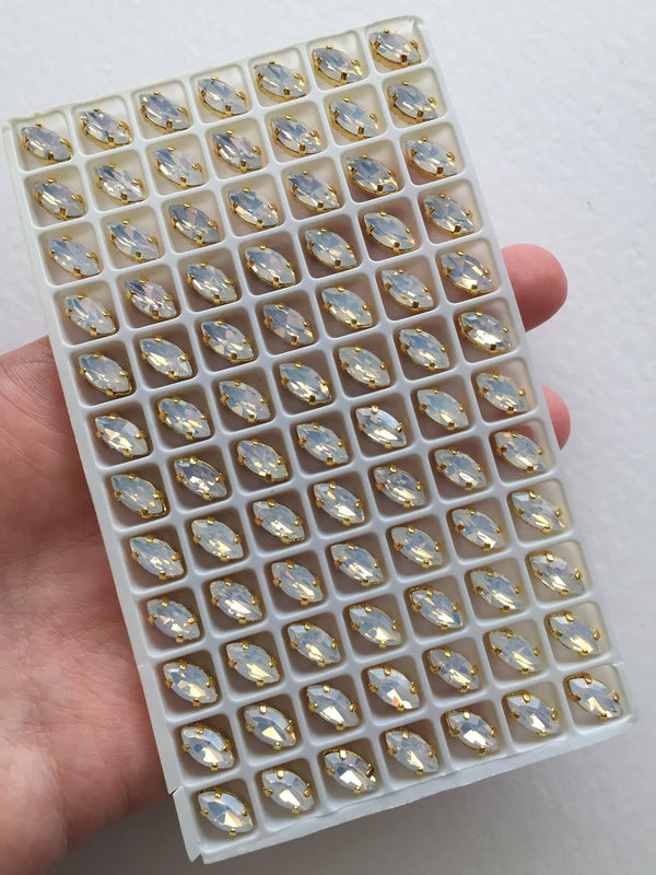 12 x 5x10mm White Opal Glass Navette Sew On Rhinestones, Rhodium or Gold Claw