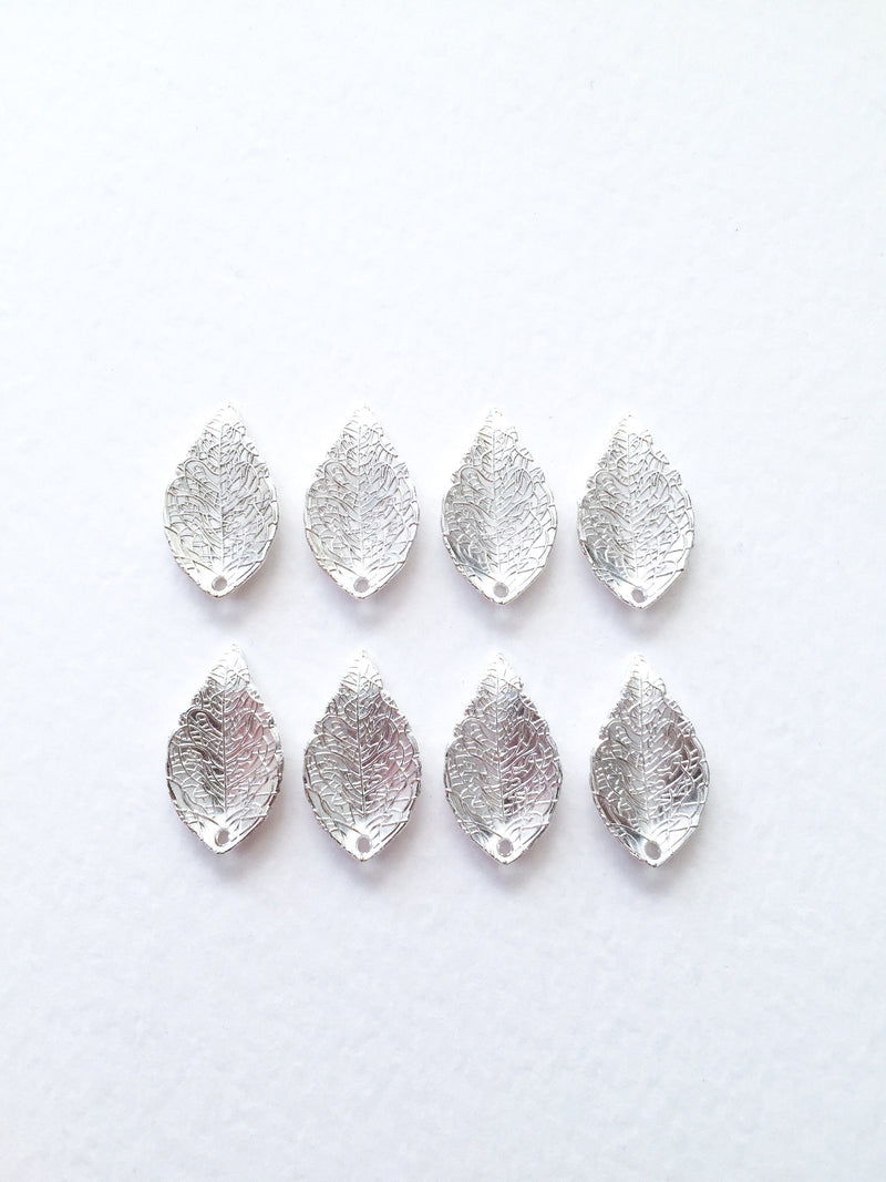 8 x Bright Silver Plated Textured Leaf Charms, 25x13mm (0697)