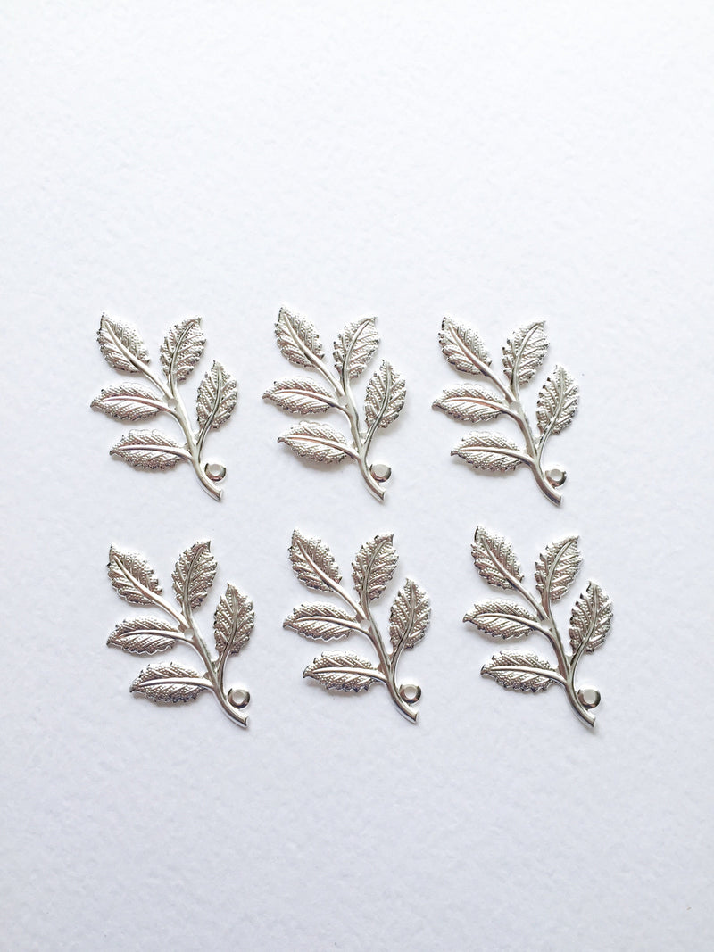 6 x Bright Silver Rose Leaf Branch Pendants, 50x30mm (D6)