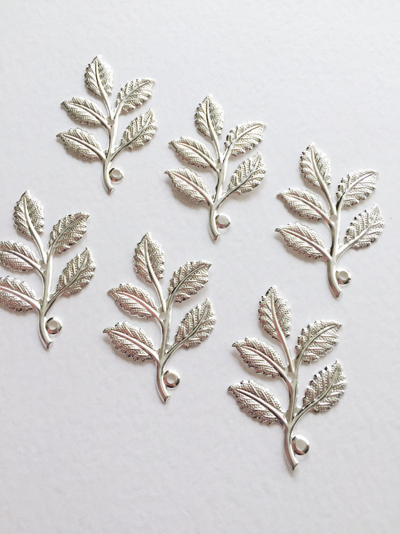 6 x Bright Silver Rose Leaf Branch Pendants, 50x30mm (D6)