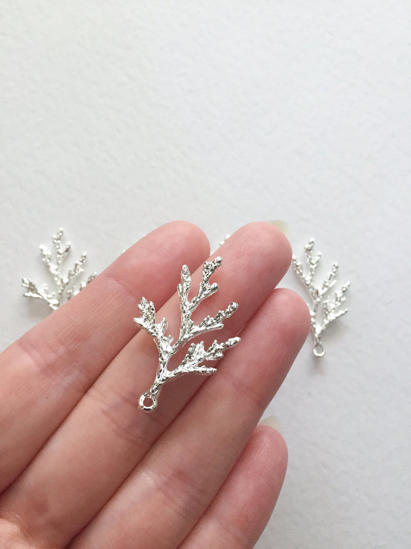 4 x Bright Silver Plated Thuja Branch Charms, 36x28mm (3531)