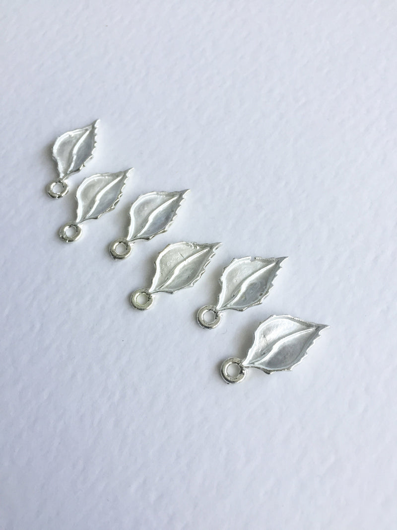 6 x Bright Silver Enamel Leaf Charms, 23x11mm (0703S)