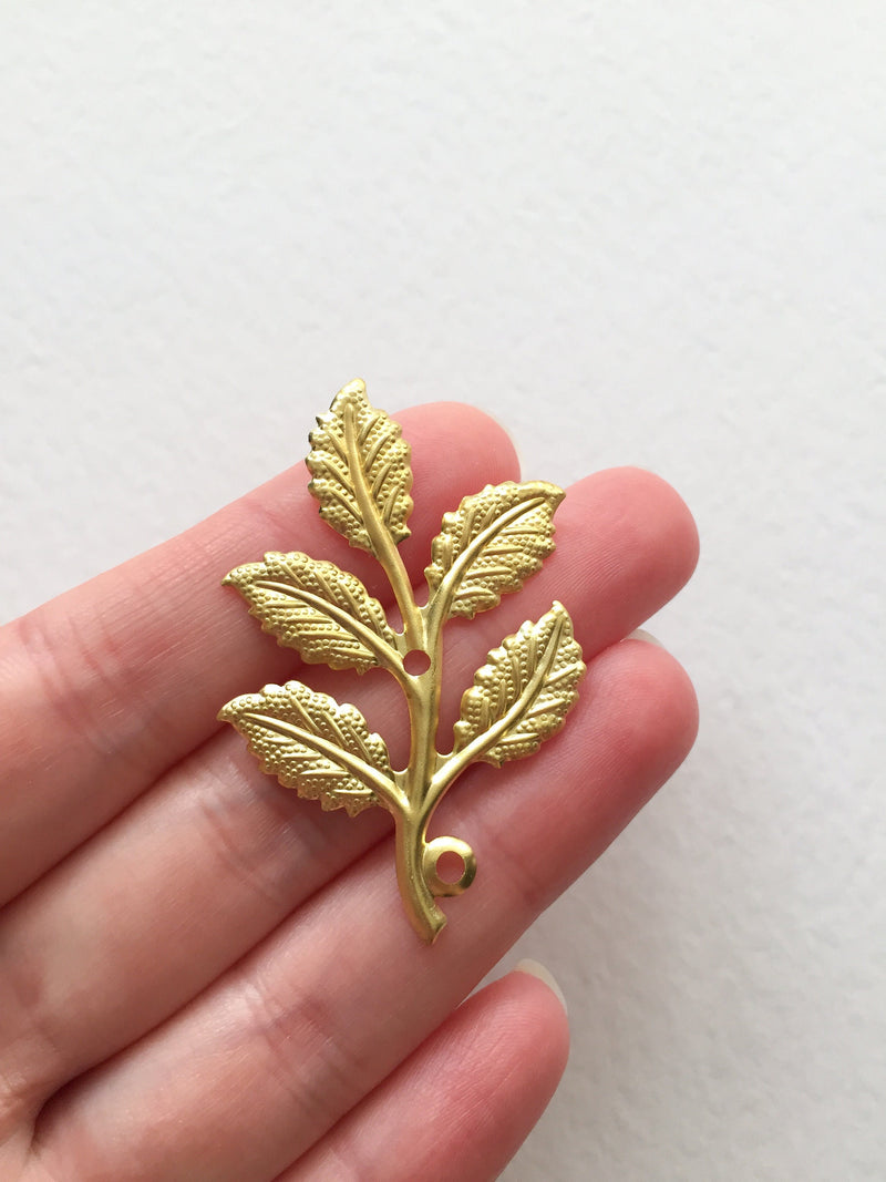 6 x Gold Rose Leaf Branch Pendants, 50x30mm Leaf Stampings