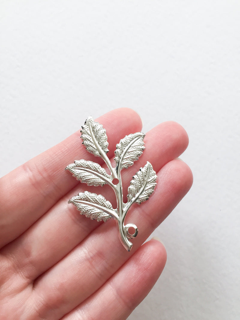 6 x Bright Silver Rose Leaf Branch Pendants, 50x30mm (D6)