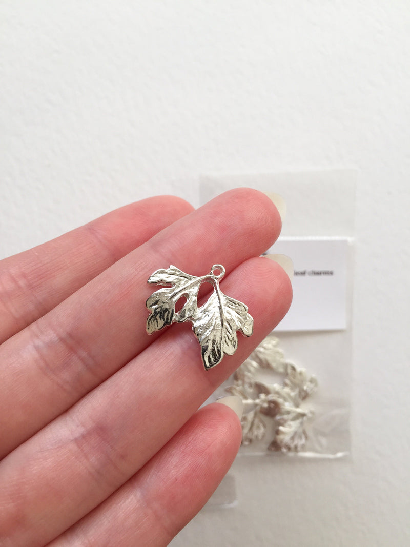 4 x Silver Plated Metal Double Leaf Charms, 22x18mm