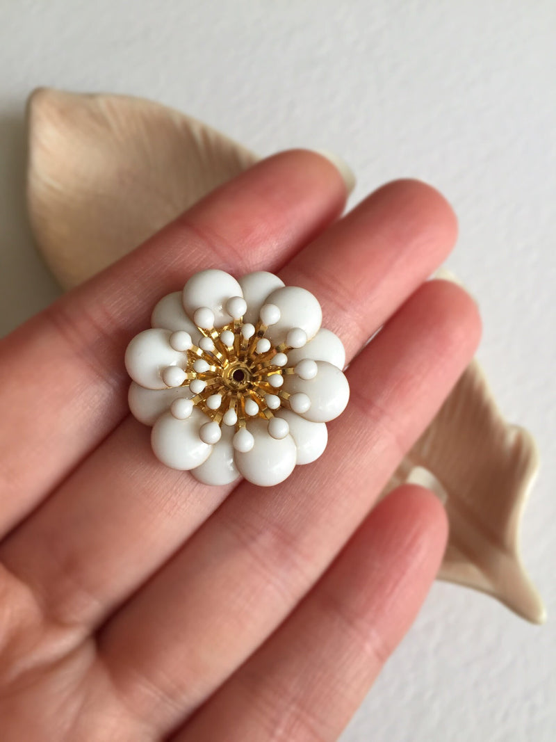 2 x Off White Enamel Large Brass Flower Beads, 30mm (0786)