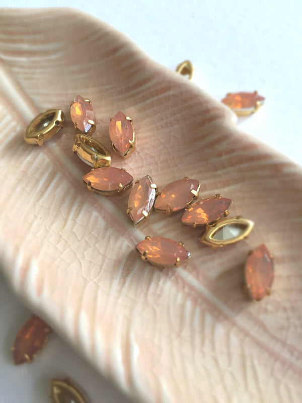 24 x 5x10mm Marquise Cut Peach Opal Rhinestones in Gold Tone Sew-on Setting (3630)