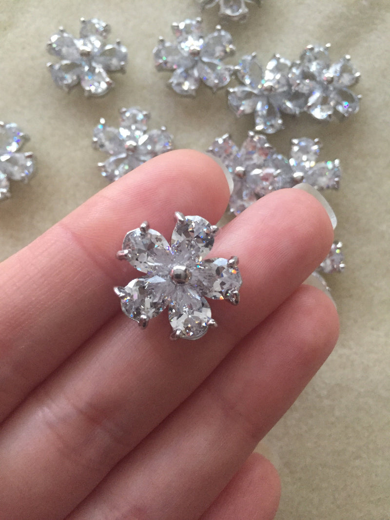 1 x Cubic Zirconia Flower Embellishment, Gold or Silver Colour (2423)