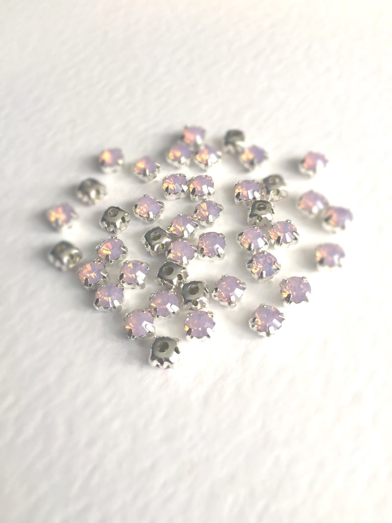 48 x Pink Opal Glass Rhinestones in Silver Sew-on Setting, 4mm or 5mm