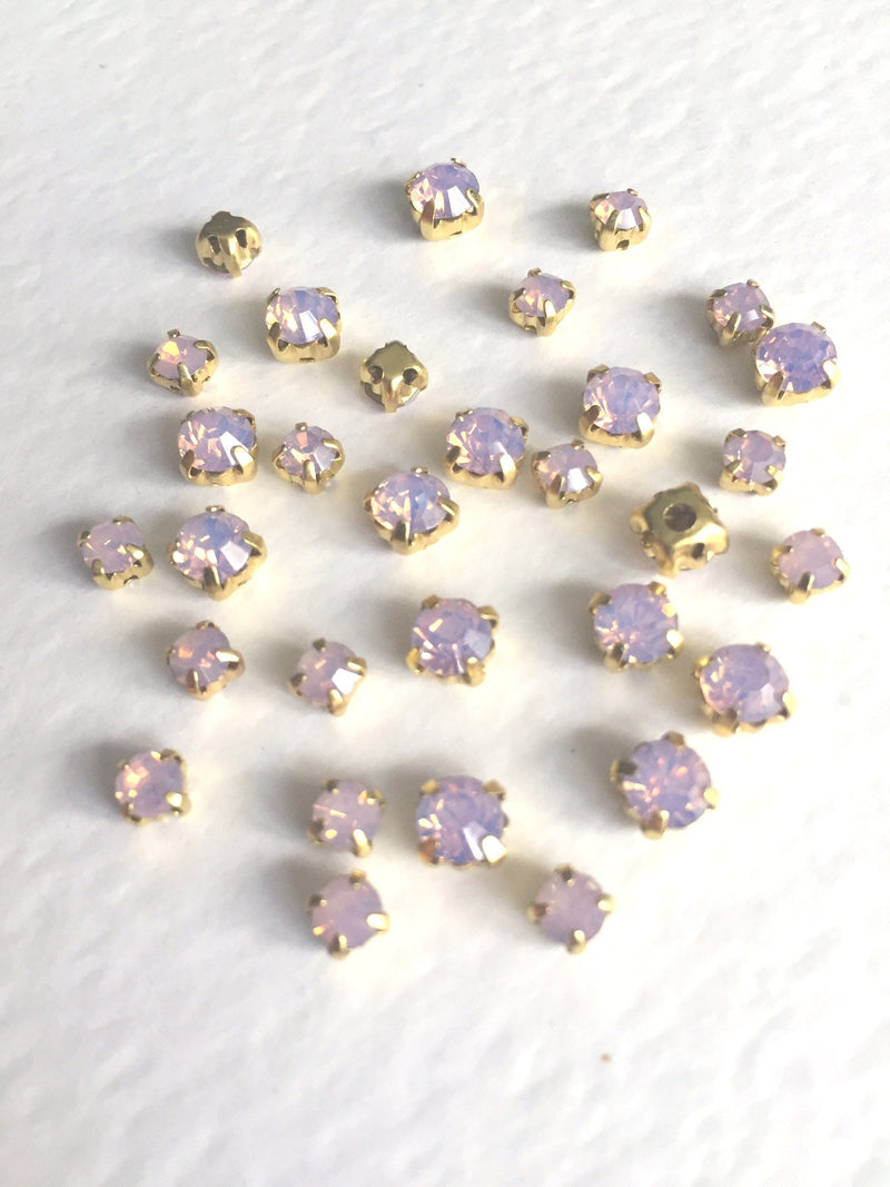 48 x Pink Opal Rhinestones in Gold Sew-on Setting, 4mm or 5mm