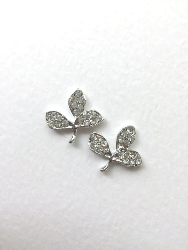 4 x Rhinestone Leaf Cabochons Silver Tone Crystal Leaf Embellishment, 21x24mm (D6)t