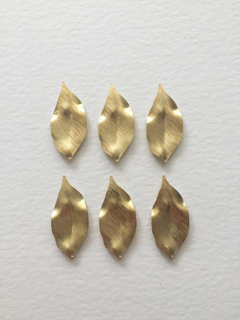 6 x Brushed Raw Brass Leaf Charms, 36x16mm (0700)