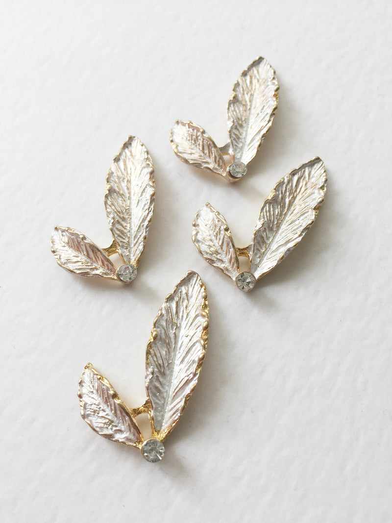 4 x Enamelled Double Gold Leaf Embellishment with Rhinestone, 31x20mm