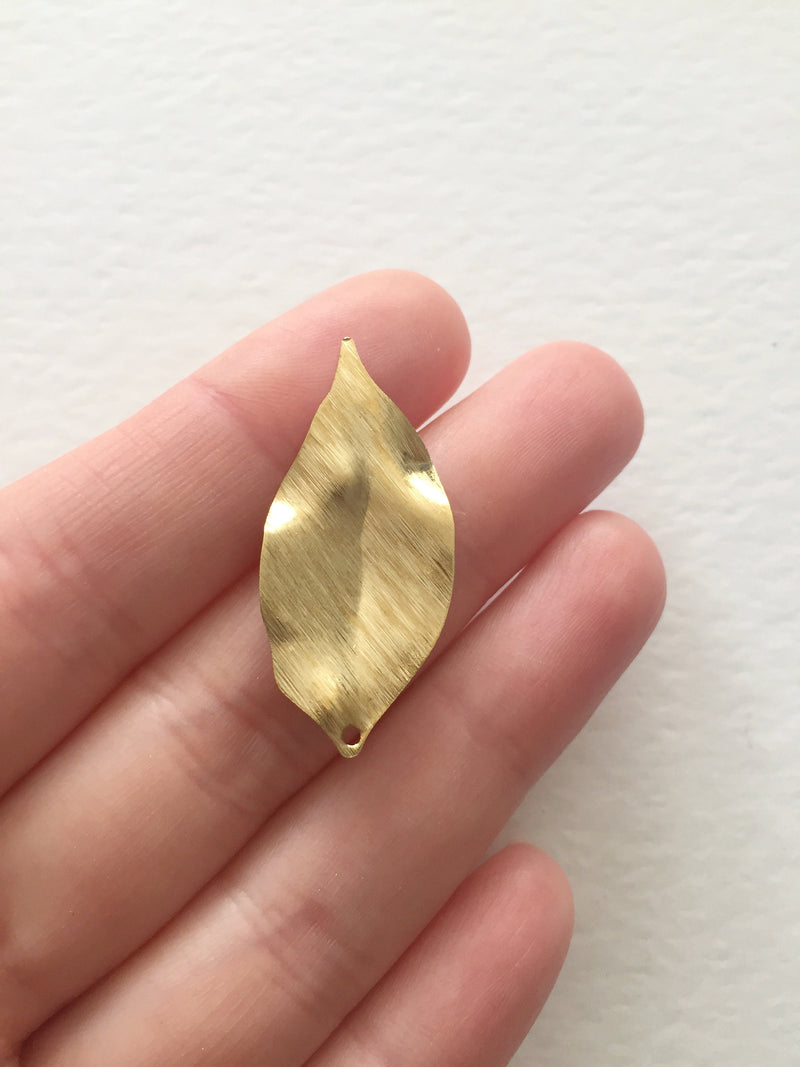 6 x Brushed Raw Brass Leaf Charms, 36x16mm (0700)