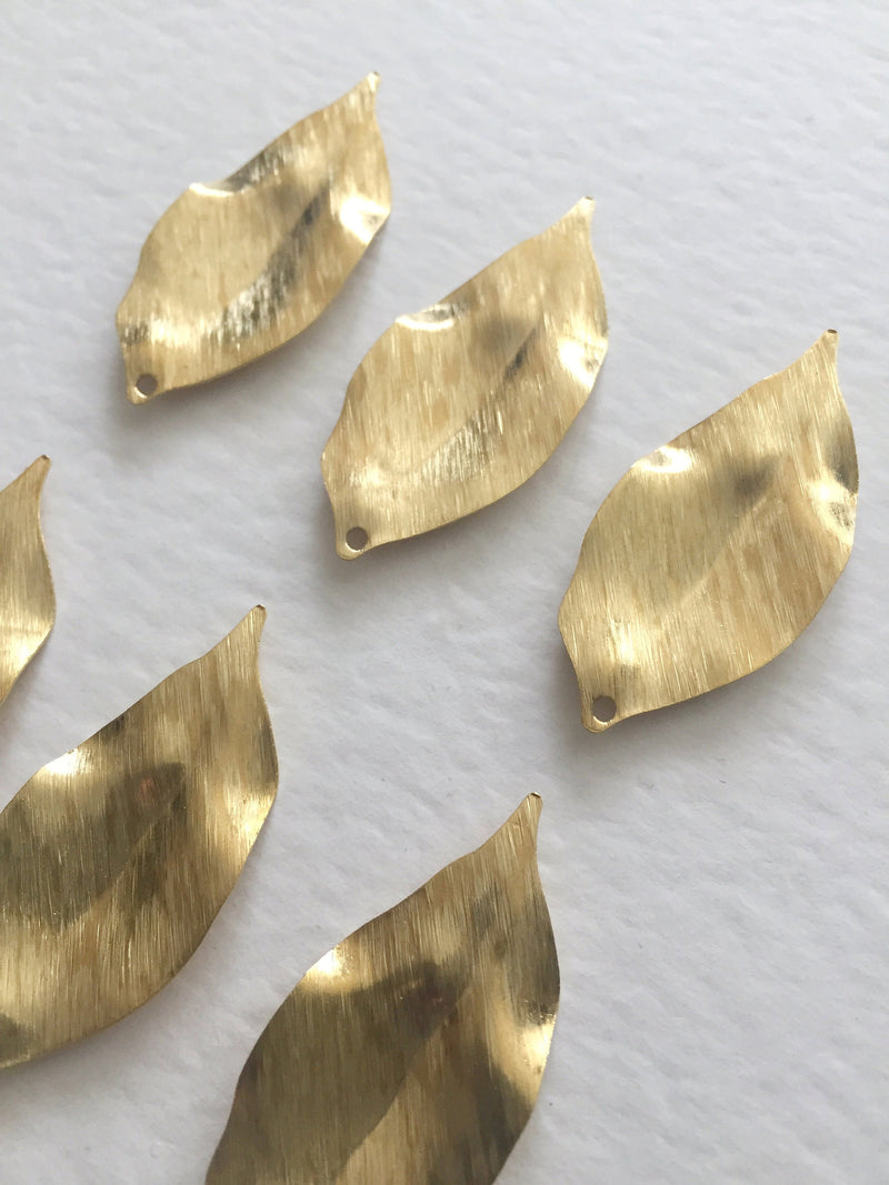 6 x Brushed Raw Brass Leaf Charms, 36x16mm (0700)