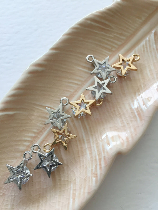 4 x Gold or Silver Floating Cubic Zirconia Star Charms, 14x10mm