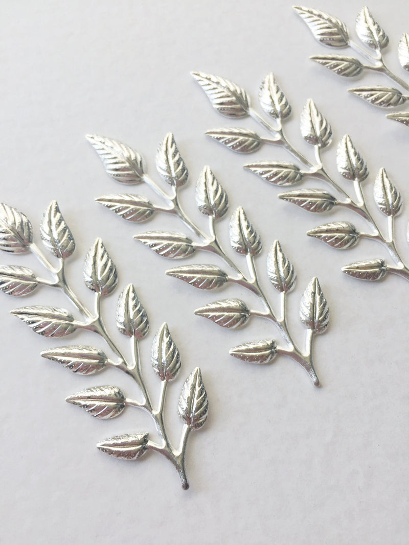 4 x Silver Laurel Leaf Stamping Leaf Embellishments