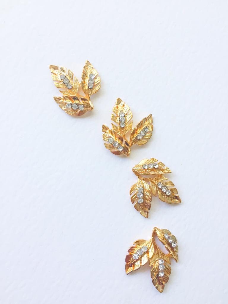 2 x Gold Diamante Leaf Embellishments, 28x25mm (3530)