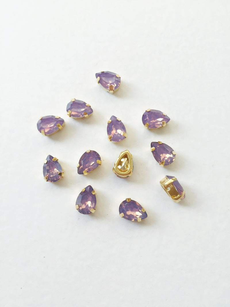 12 x 7x10mm Teardrop Purple Opal Rhinestone, Sew-on Gold Base (3618)