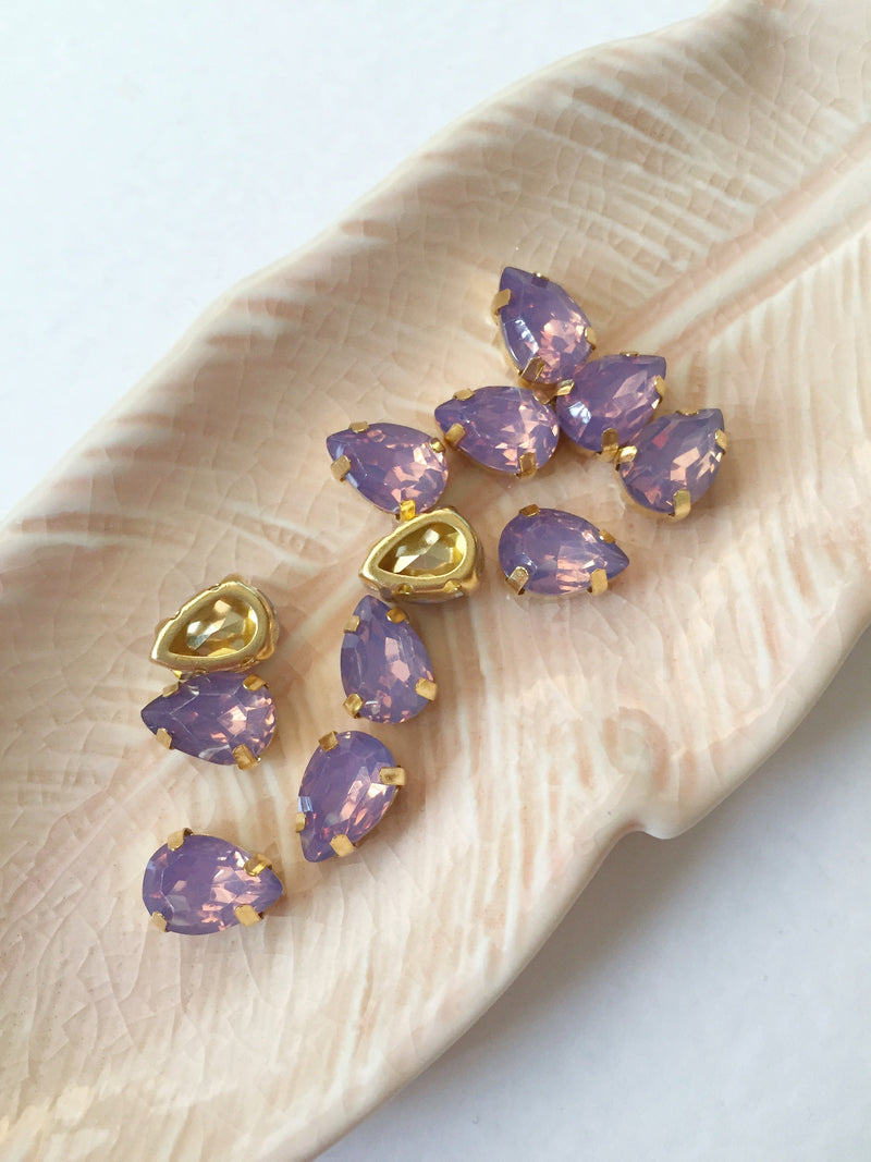 12 x 7x10mm Teardrop Purple Opal Rhinestone, Sew-on Gold Base (3618)