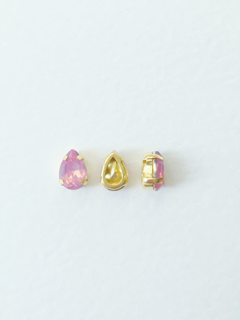 12 x 7x10mm Pink Opal Teardrop Rhinestones, Sew-on Gold Base