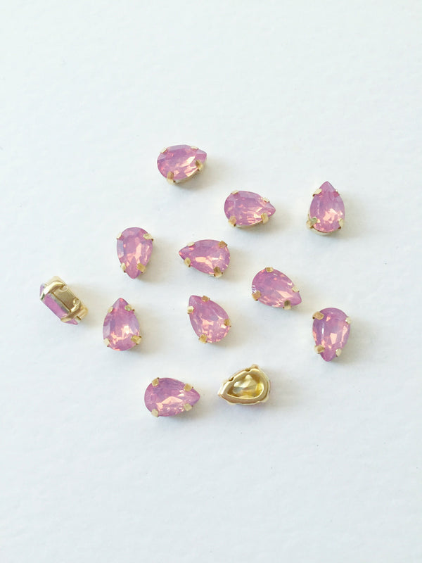 12 x 7x10mm Pink Opal Teardrop Rhinestones, Sew-on Gold Base