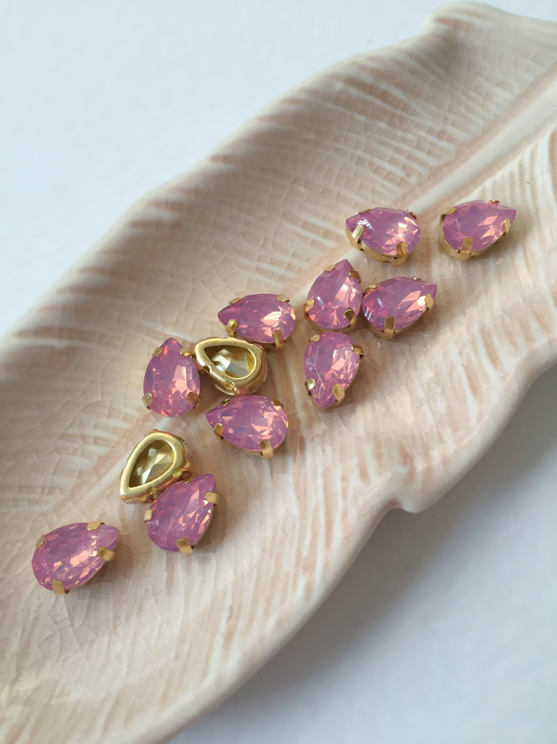 12 x 7x10mm Pink Opal Teardrop Rhinestones, Sew-on Gold Base