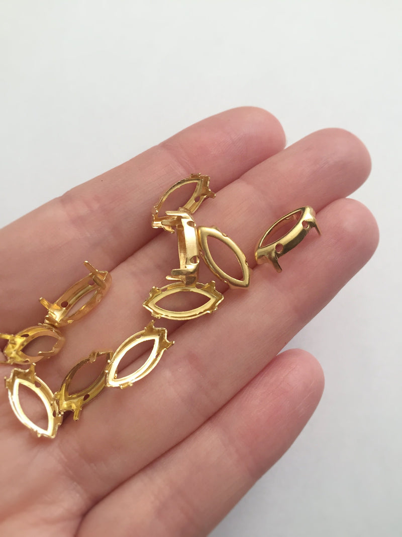 12 x 7x15mm Rhodium or Gold Tone Brass Setting for Navette Crystals