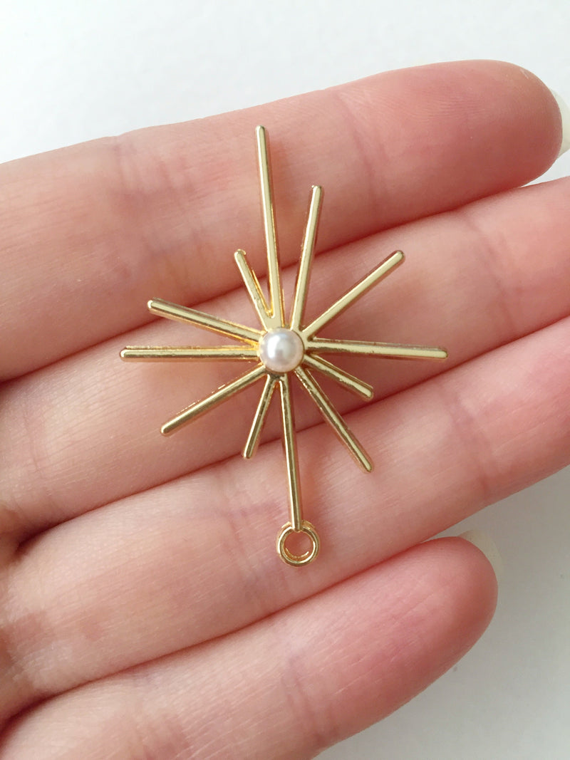 4 x Gold Tone Starburst Charms with Faux Pearl, 43x32mm (0606)