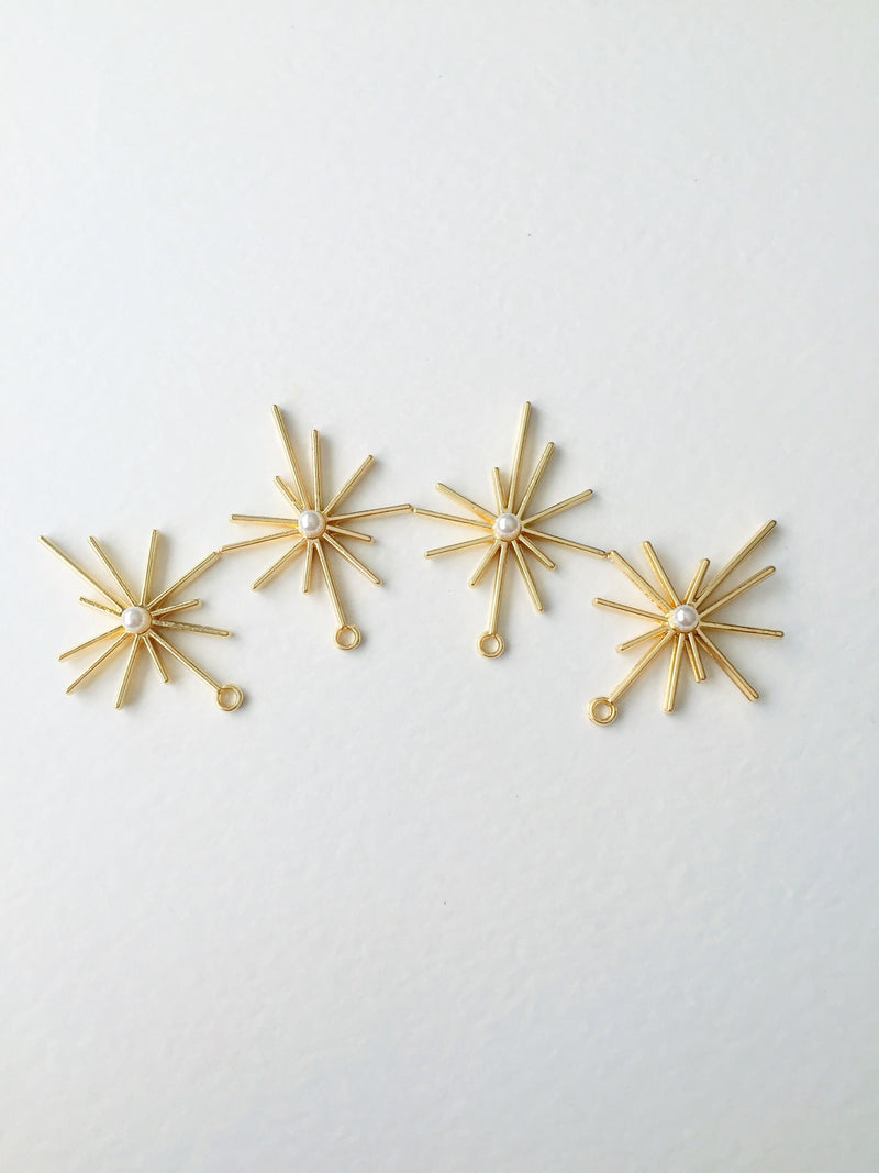 4 x Gold Tone Starburst Charms with Faux Pearl, 43x32mm (0606)