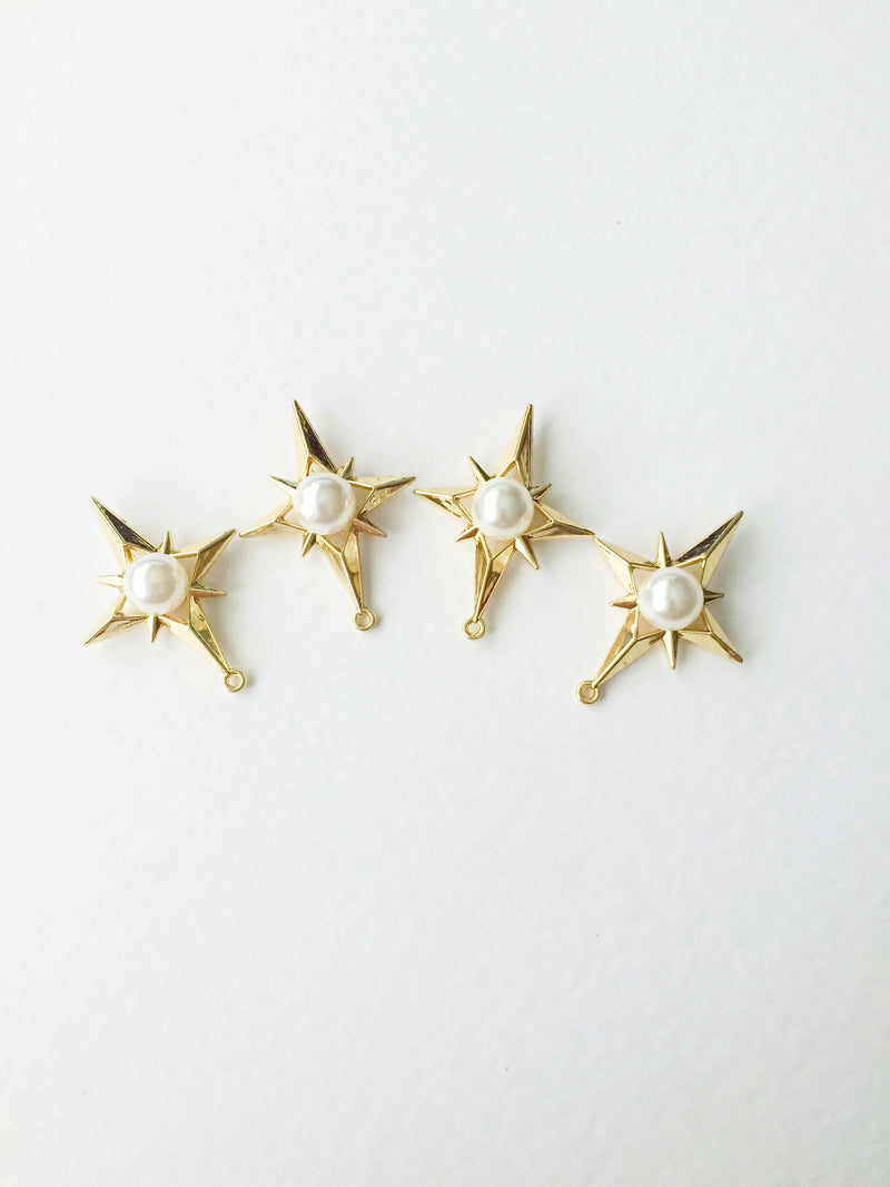 4 x Gold Star Pendants with Pearl, 32x24mm