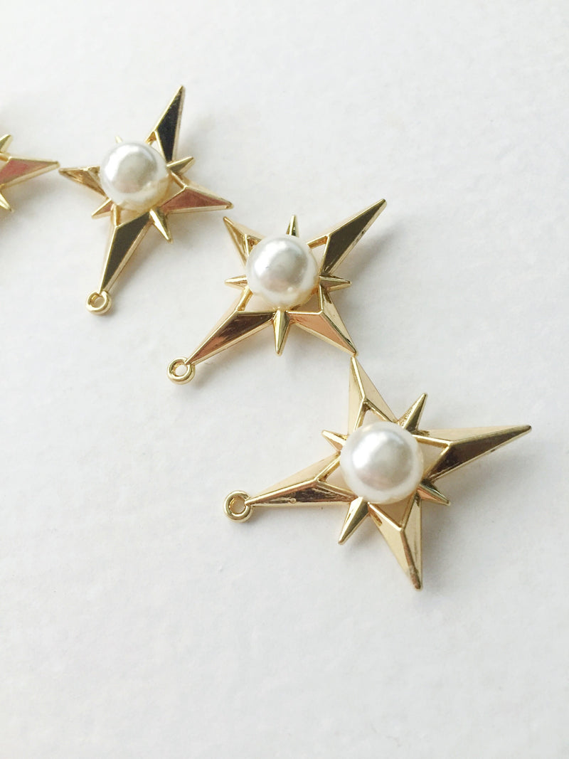 4 x Gold Star Pendants with Pearl, 32x24mm